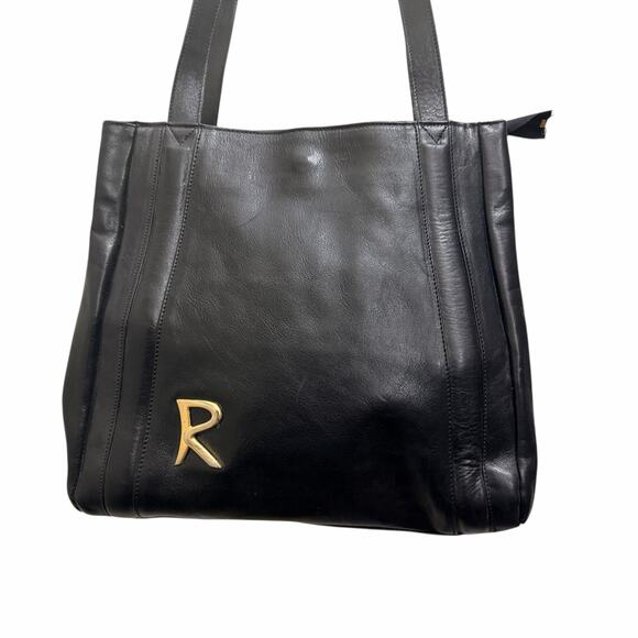 Italian Handmade Black Leather Tote Gold R Logo Shoulder Bag - Picture 2 of 13